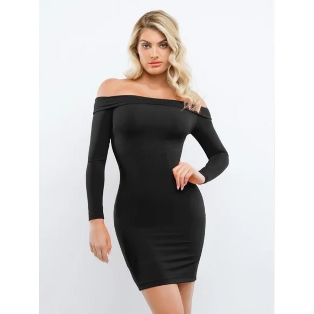 Popilush Black Off The Shoulder Long Sleeve Built-In Shapewear Mini Dress NWT